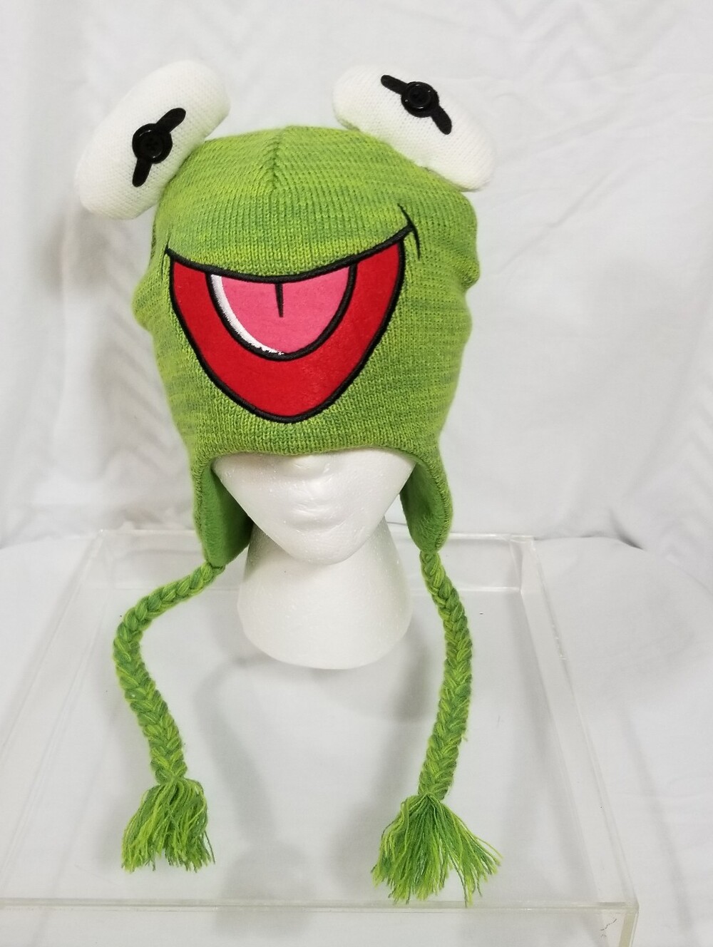Disney Muppets Kermit The Frog Knit Laplander Beanie Hat Winter Cap Braids Adult